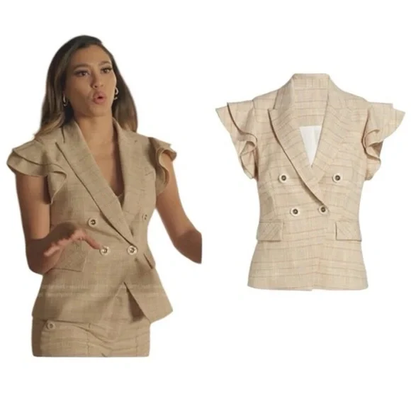 $595 Veronica Beard Janae Plaid Ruffle Blazer Jacket Button Up Khaki Multi Sz 00 - Picture 6 of 14